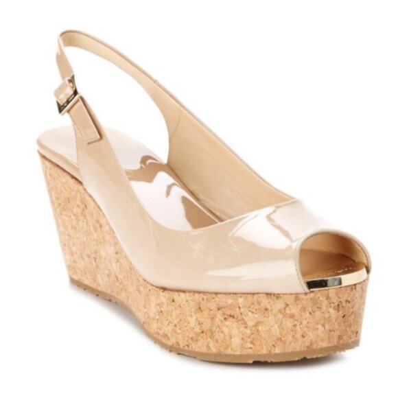 Jimmy Choo Shoes - Jimmy Choo Praise Nude Patent Cork Wedge Heel Slingback Pumps Sz 7.5 box…